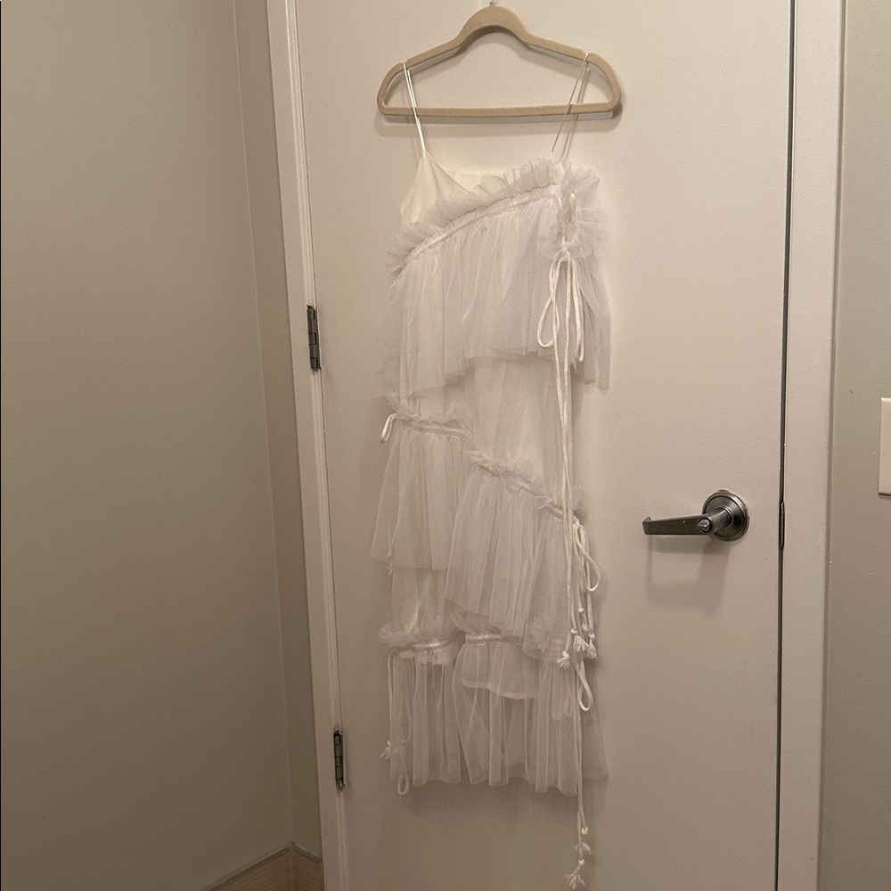 White Tulle Ruffle Midi Dress
